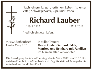 Traueranzeige von Richard Lauber von Pegnitz-Zeitung